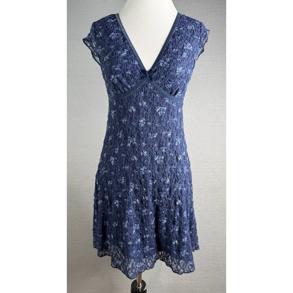 No Boundaries Y2K Babydoll Dress V-Neck Womens S  Blue Floral Lace‎ Cottagecore